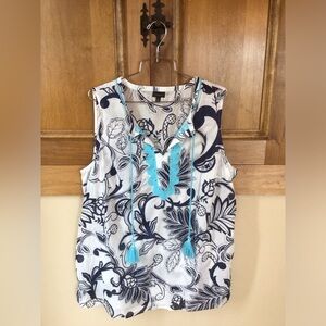 Talbots XL summer weight cotton sleeveless blue& white tassel tie blouse